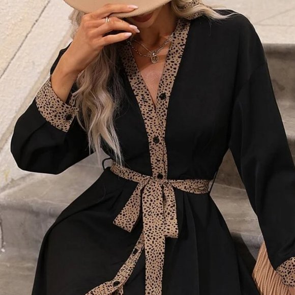 Dalmatian Print Button Up Belted Shirt Dress black tan - Picture 8 of 9